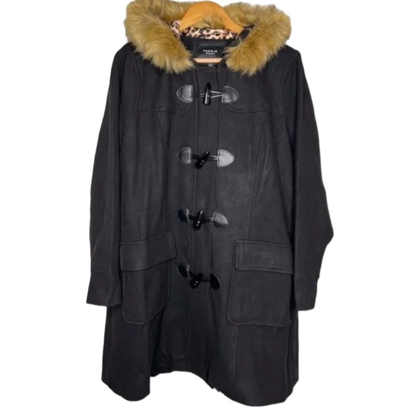 Torrid Hooded Fur Trim Toggle Coat Ponte Knit Black Leopard Lined Hood Size 6X - Picture 4 of 7